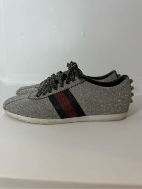 Gucci silver Glitter Sneakers with Red end black web stripe